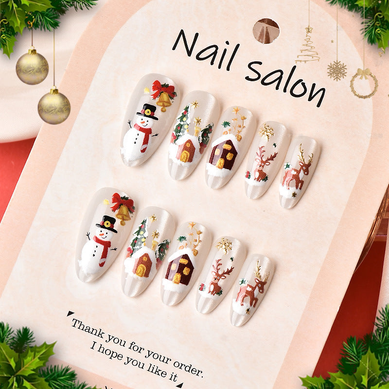Festive Winter Wonderland Long Oval White with Holiday Artwork Press-On Nail Set
