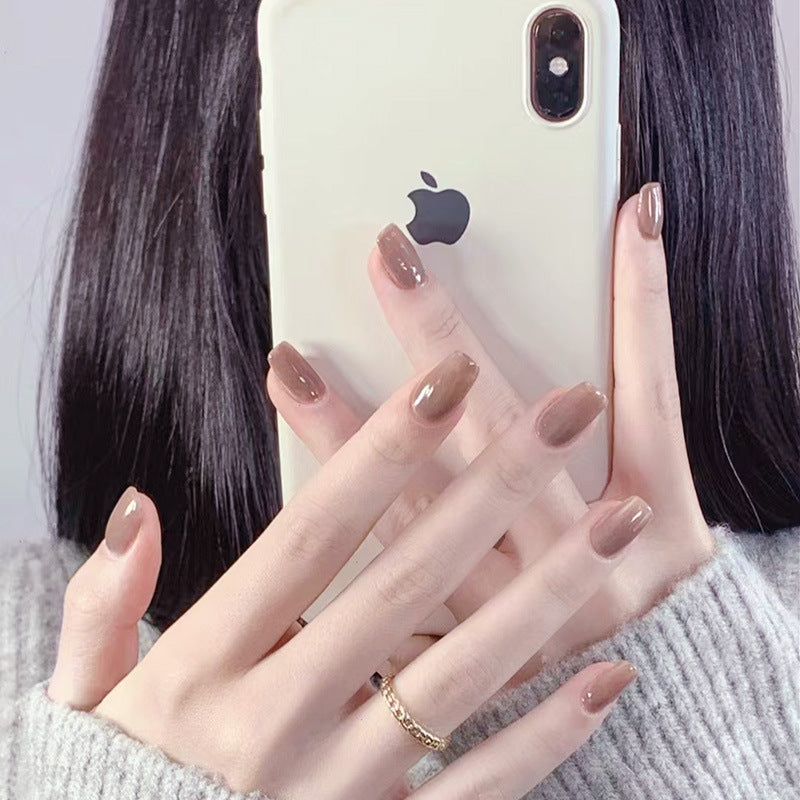 Elegant Autumn Bliss Medium Square Brown Glossy Press On Nail Set with Unique Shine Finish