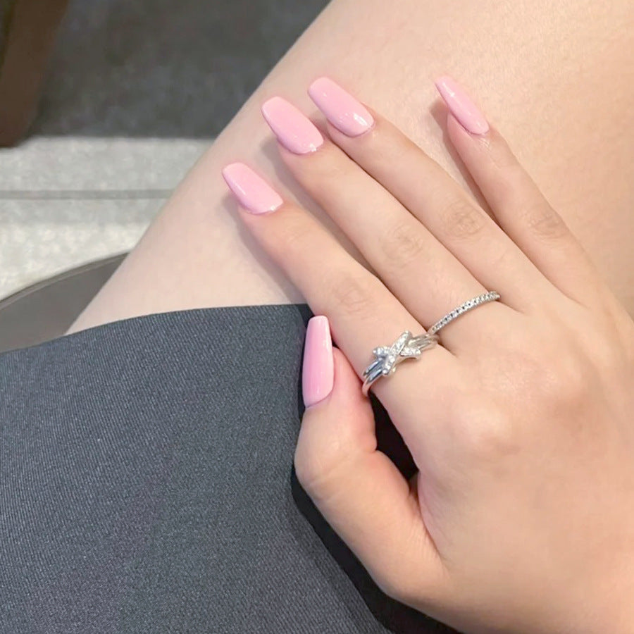 Elegant Blossom French Tip Long Coffin Pink Press On Nail Set with Glossy Finish