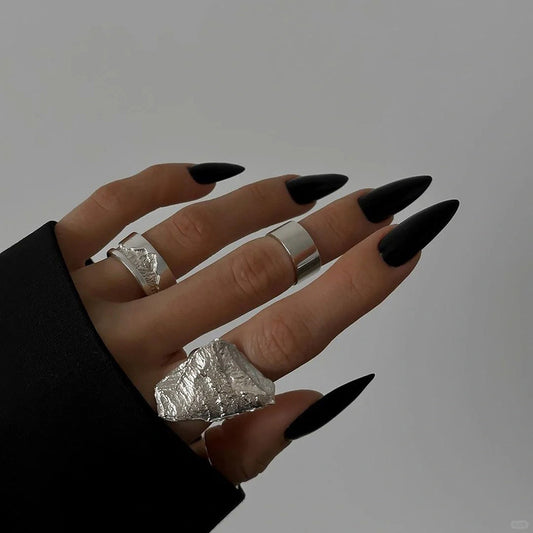 Gothic Elegance Stiletto Black Press On Long Nail Set with Glossy Finish and Matte Textures