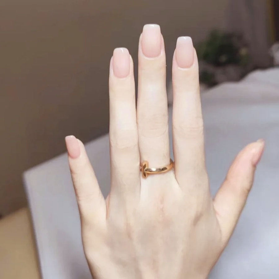 Elegant Blossom Soft Square Beige Press On Medium Nail Set with Glossy Finish