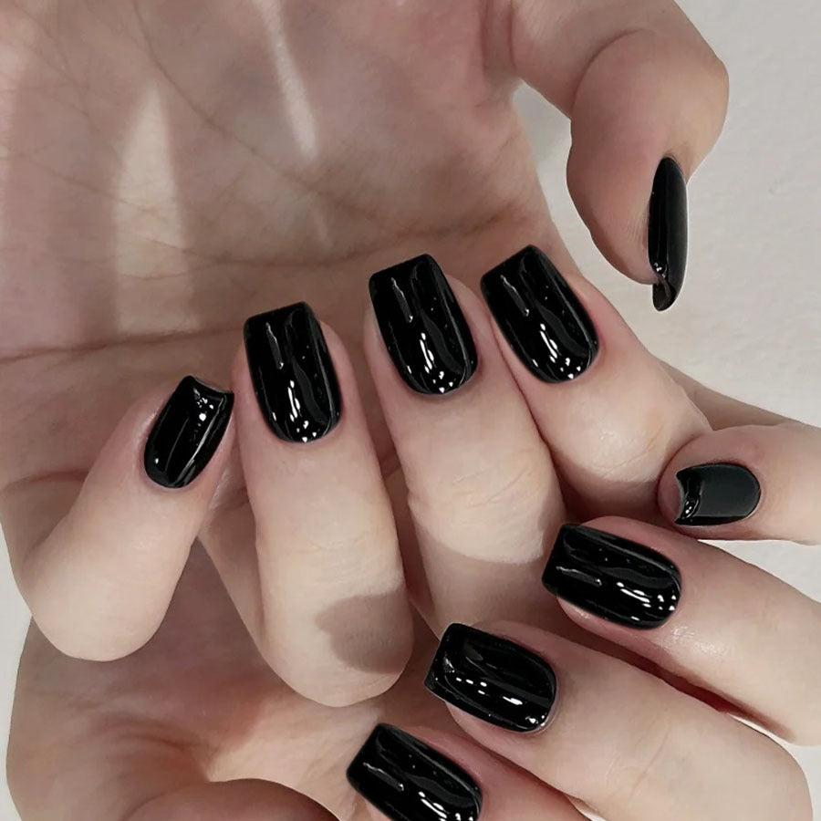 Mystical Night Medium Square Black Press On Nail Set with Glossy Shine and Unique Design