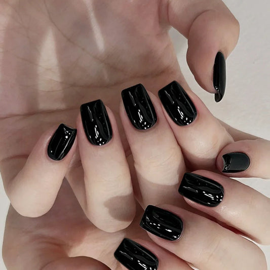 Mystical Night Medium Square Black Press On Nail Set with Glossy Shine and Unique Design