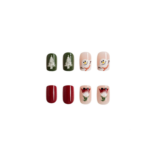 Festive Winter Wonderland Short Length Oval Press On Nail Set in Green Red and Pastel Pink with Snowman and Christmas Tree Design