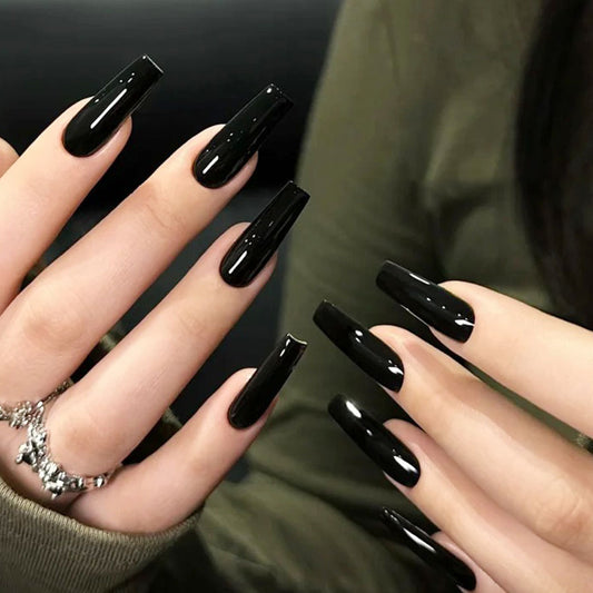 Gothic Elegance Long Coffin Black Glossy Press On Nail Set with High Shine Finish