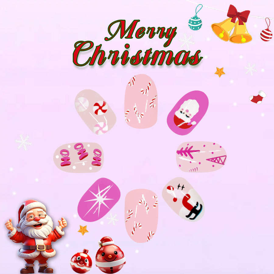 Festive Holiday Cheer Short Oval Light Pink Press-On Nail Set with Whimsical Christmas Designs