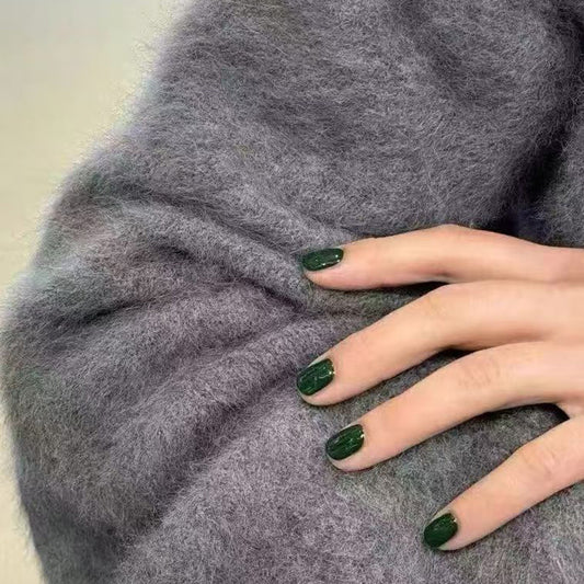 Elegant Forest Vibe Short Square Deep Green Glossy Press On Nail Set with Unique Textured Finish