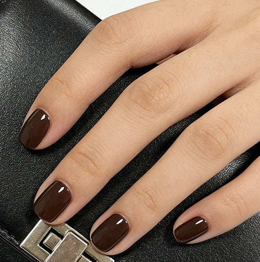 Elegant Autumn Vibes Short Square Brown Glossy Press On Nail Set with High Shine Finish