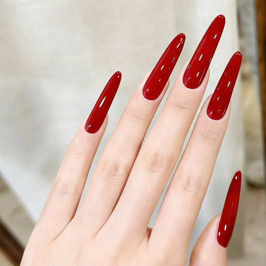 Glamorous Chic Long Almond Red Shiny Press On Nail Set