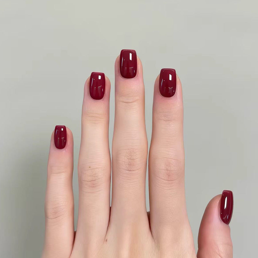 Glamorous Burgundy Short Square Press On Nail Set with High Gloss Finish