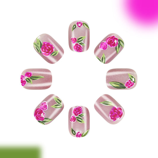 Floral Serenity Elegant Short Squoval Blush Pink Press On Nail Set with Charming Rose Design