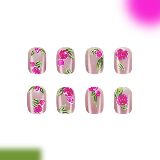 Garden Bloom Shimmer Short Round Pink Floral Press On Nail Set