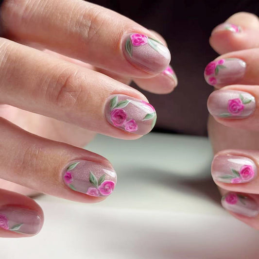 Floral Fantasy Short Squoval Pink with Intricate Rose Design Press On Nail Set