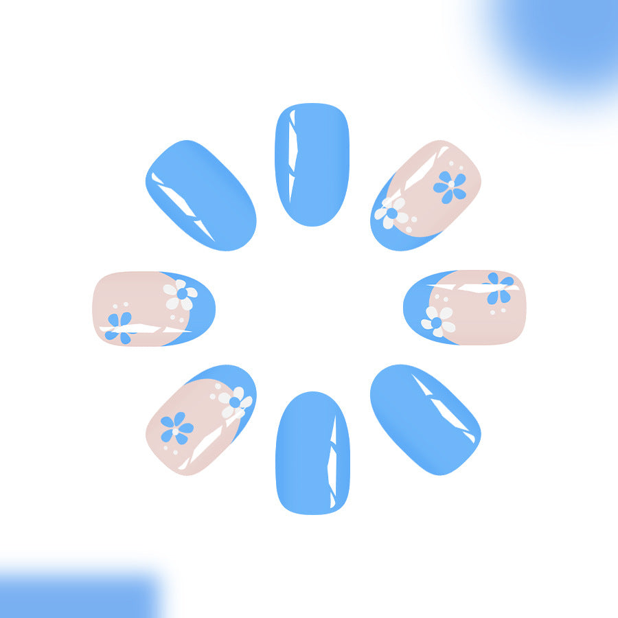 Blooming Elegance Medium Almond Sky Blue Press On Nail Set with Floral Design