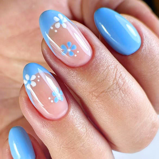 Springtime Serenity Medium Almond Blue Floral Press On Nail Set