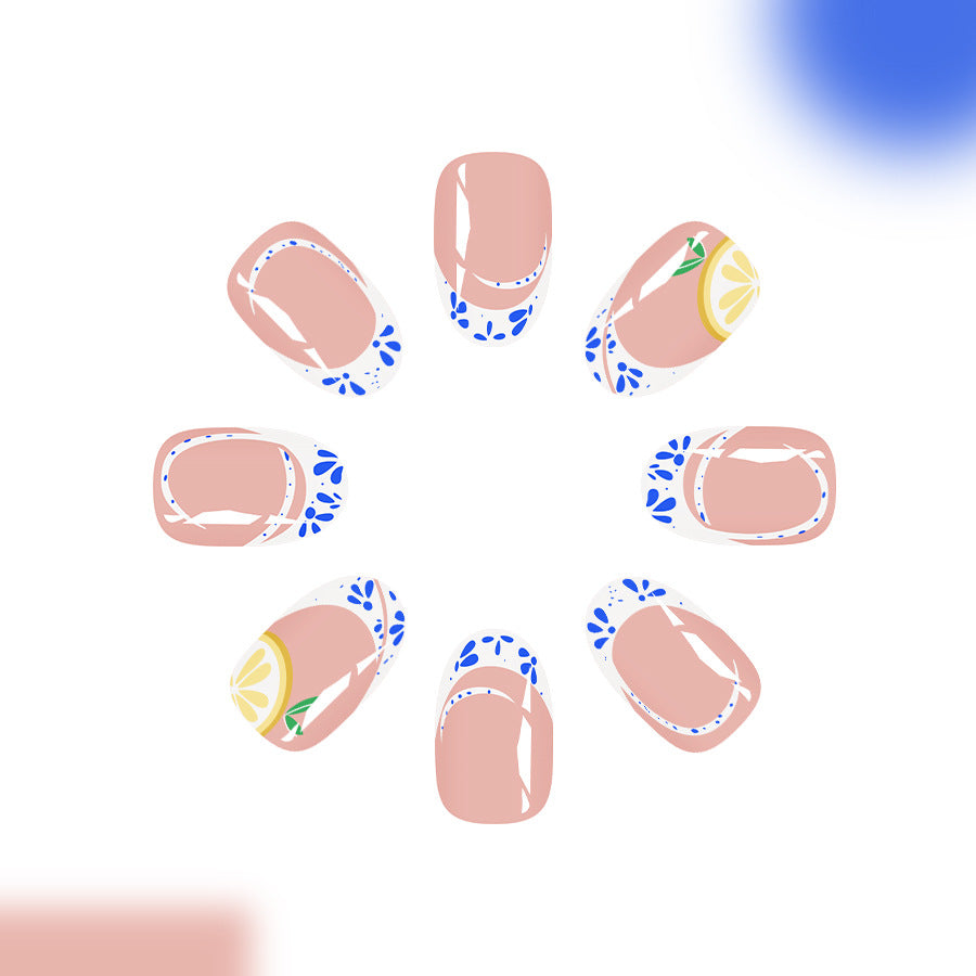 Tropical Paradise Medium Almond Beige and White Press On Nail Set with Lemon and Floral Accents