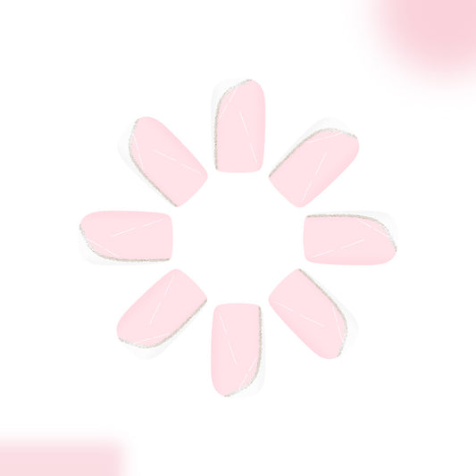 Chic Garden Essence Medium Square Soft Pink Press On Nail Set with Elegant Glitter Tip Detail