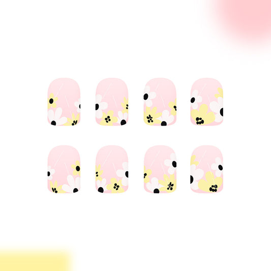 Floral Serenity Lovely Pink Short Square Press On Nail Set with Charming Flower Accents