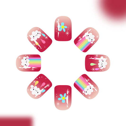 Celestial Dreams Short Square Pink with Whimsical Rainbow and Cloud Design Press on Nail Set