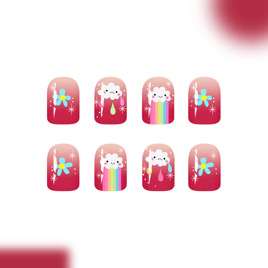 Whimsical Cloud Fantasy Short Square Cherry Red Nail Set with Rainbow and Flower Designs