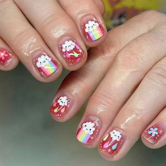 Whimsical Dreams Pink Short Square Press-On Nail Set with Rainbow Cloud Designs
