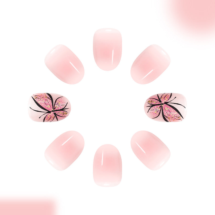 Blossom Elegance Short Oval Soft Pink with Floral Glitter Design Press On Nail Set