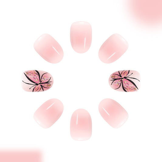 Blossom Elegance Short Oval Soft Pink with Floral Glitter Design Press On Nail Set