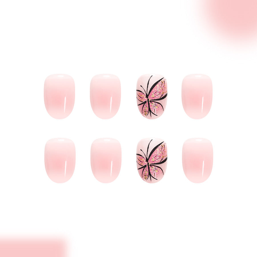 Whimsical Blossom Short Round Pink with Delicate Butterfly Design Press On Nail Set