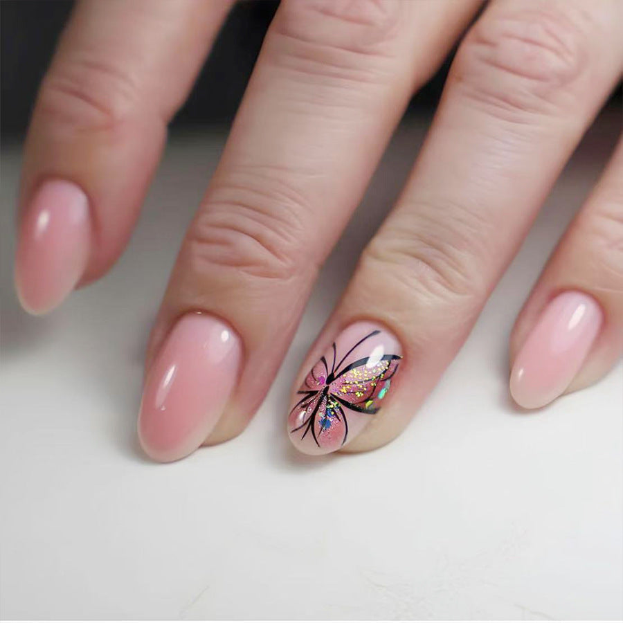 Whimsical Butterfly Dreams Short Oval Soft Pink Press on Nail Set with Sparkling Floral Design