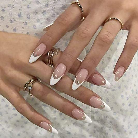 Chic Elegance Medium Almond Shaped Natural Pink with White Tips and Sparkling Gemstones Press On Nail Set