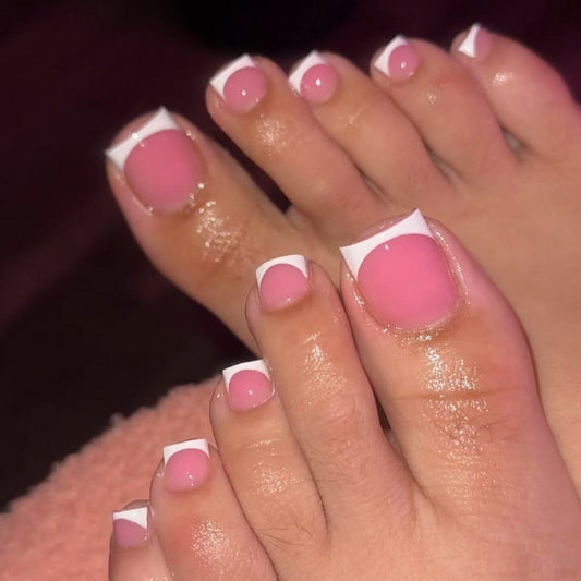 Chic Elegance Press on Toenail Set Short Square Pink with White Tips and Glossy Finish