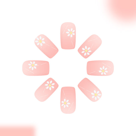 Blooming Beauty Press on Nail Set in Medium Length Square Shape Soft Pink Color with Delicate Daisy Design