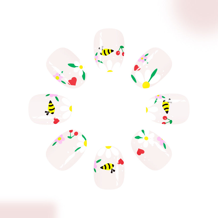 Honeybee Garden Blossom Short Round Beige Floral Press On Nail Set
