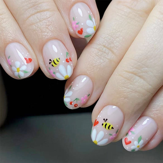 Whimsical Garden Inspired Short Round Beige Floral Bee Press On Nail Set