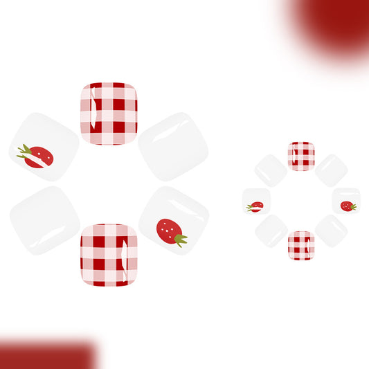 Garden Picnic Short Square Red Checkered Toenail Set with Strawberry Accent
