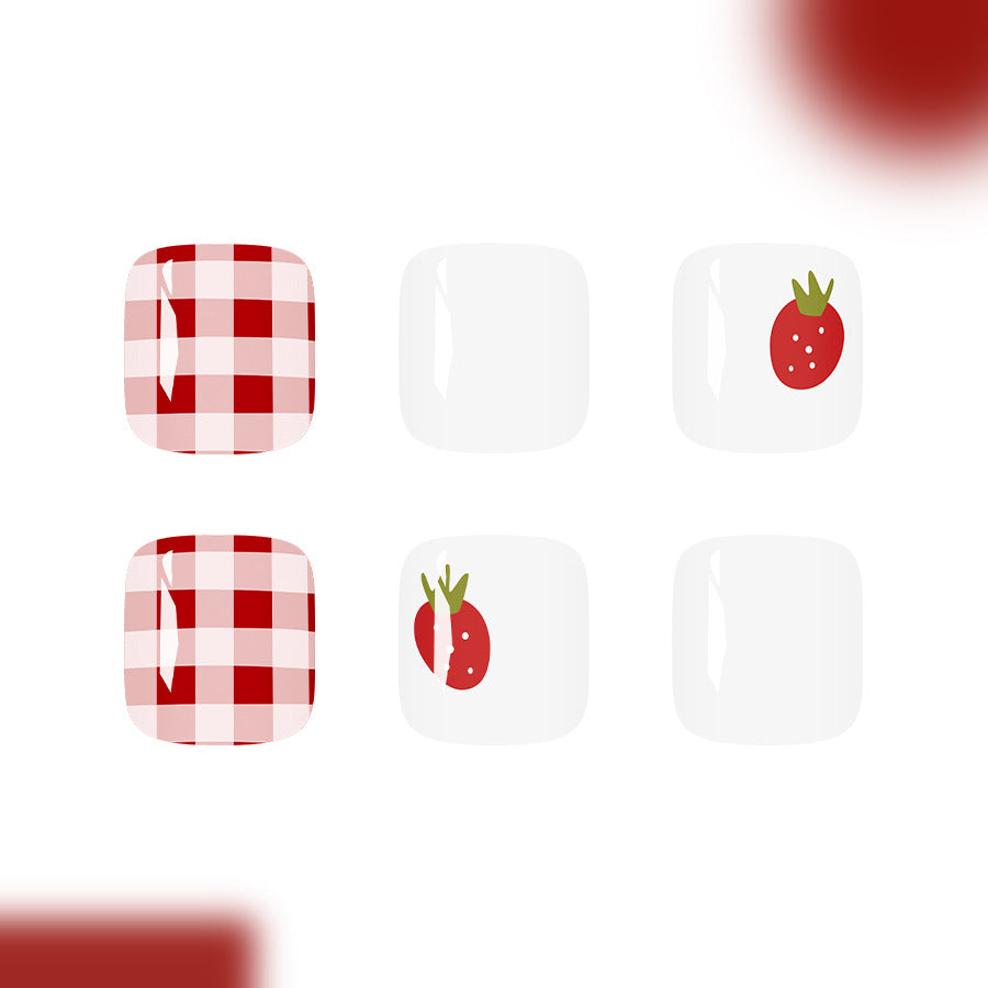 Farmhouse Charm Short Square Red and White Gingham with Strawberry Design Press On Toenail Set