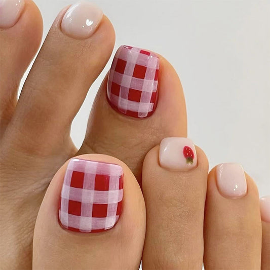 Picnic Charm Short Square Red and White Checkered Press on Toenail Set with Strawberry Accent
