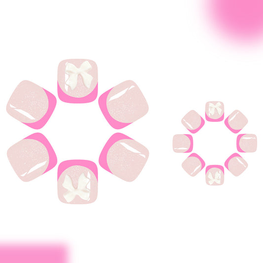 Whimsical Blossoms Short Square Pink and Sparkly Press On Toenail Set with Charming Bow Detail