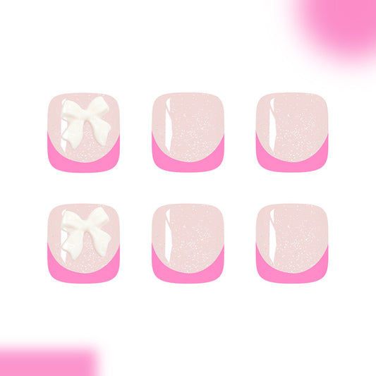 Chic Bowtastic Short Square Press-On Toenail Set in Soft Pink with Glitter and Adorable Bow Detail