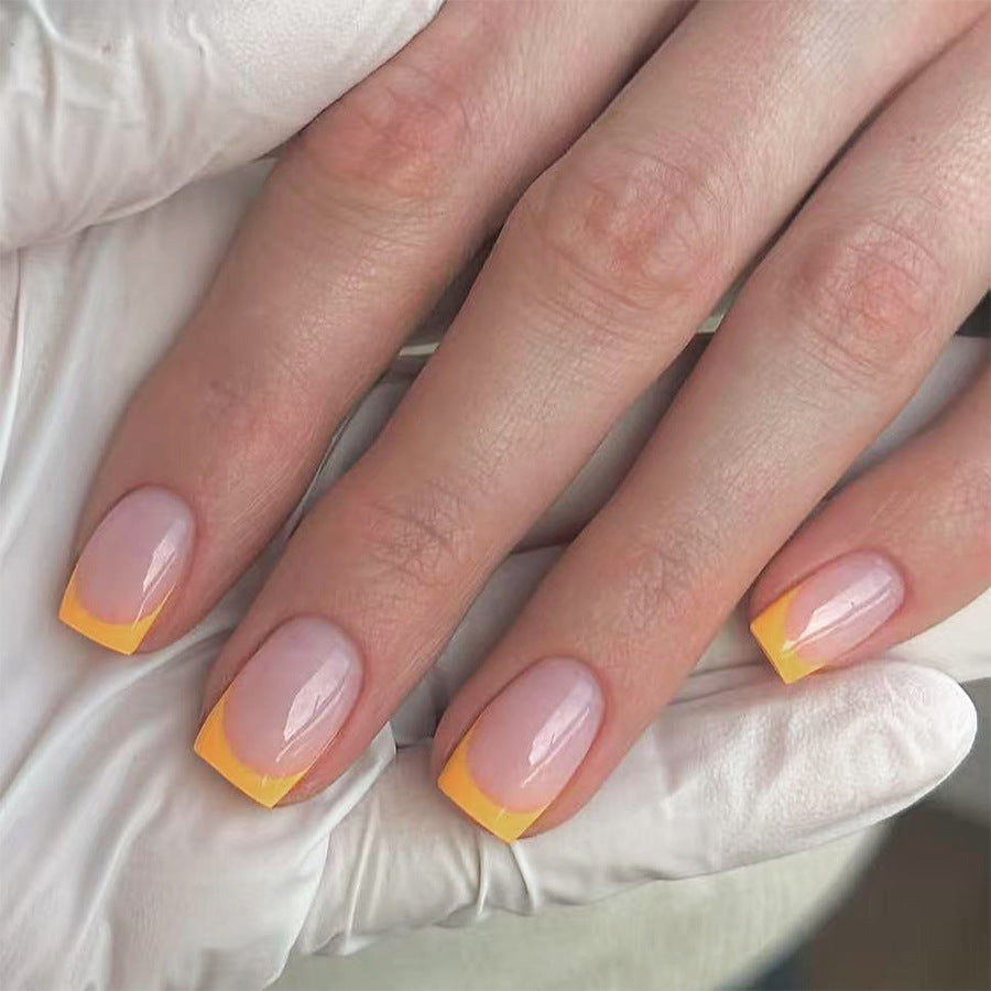 Sunset Glow Short Square Yellow French Press On Nails with Gradient Tips
