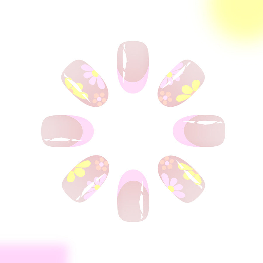 Whimsical Garden Inspired Short Round Blush Pink Press on Nail Set with Floral Accents