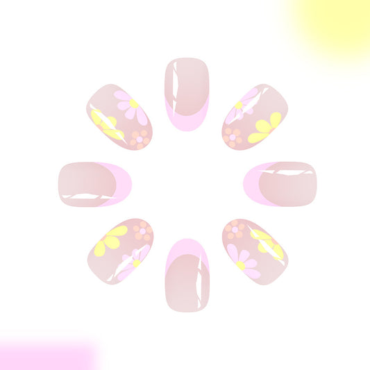 Whimsical Garden Inspired Short Round Blush Pink Press on Nail Set with Floral Accents