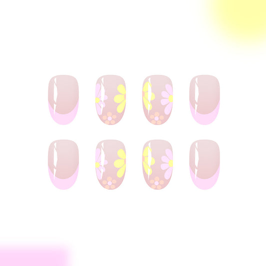 Blossoming Garden Elegant Short Round Creamy Pink Press On Nail Set with Floral Designs