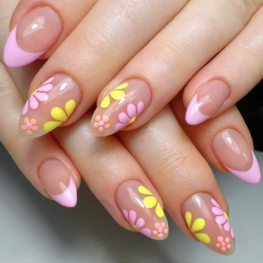 Floral Delight Short Round Pink and Yellow Multi-Pattern Press On Nail Set