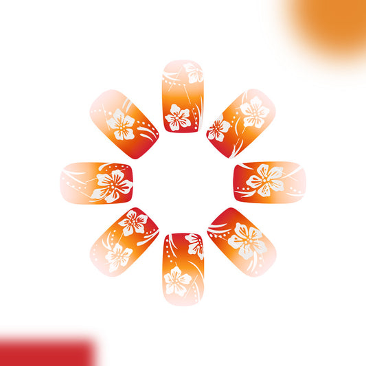Tropical Sunset Medium Square Press On Nails in Vibrant Orange with Elegant Floral Design