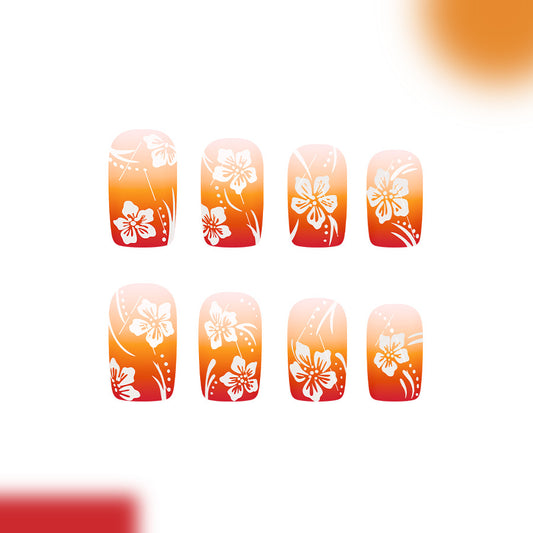 Floral Paradise Medium Square Orange Ombre Press On Nail Set with Intricate Flower Designs