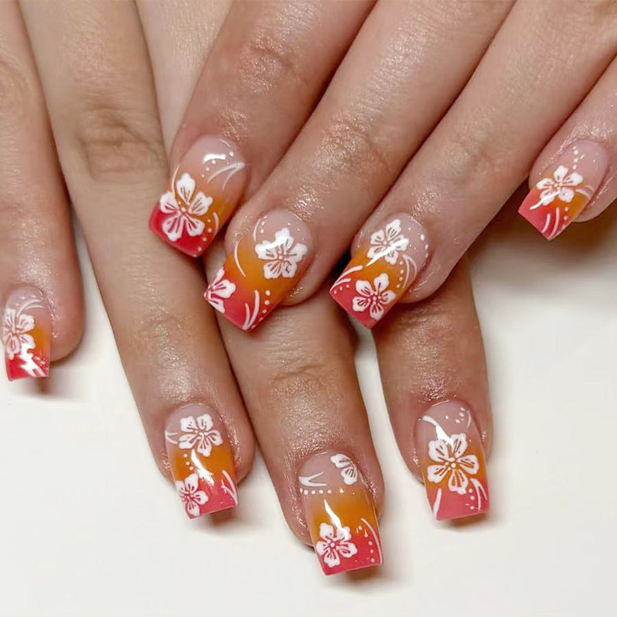 Tropical Sunset Medium Square Press On Nail Set with Vibrant Ombre Gradient and Floral Accents