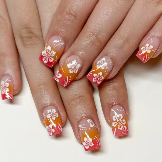 Tropical Sunset Medium Square Press On Nail Set with Vibrant Ombre Gradient and Floral Accents