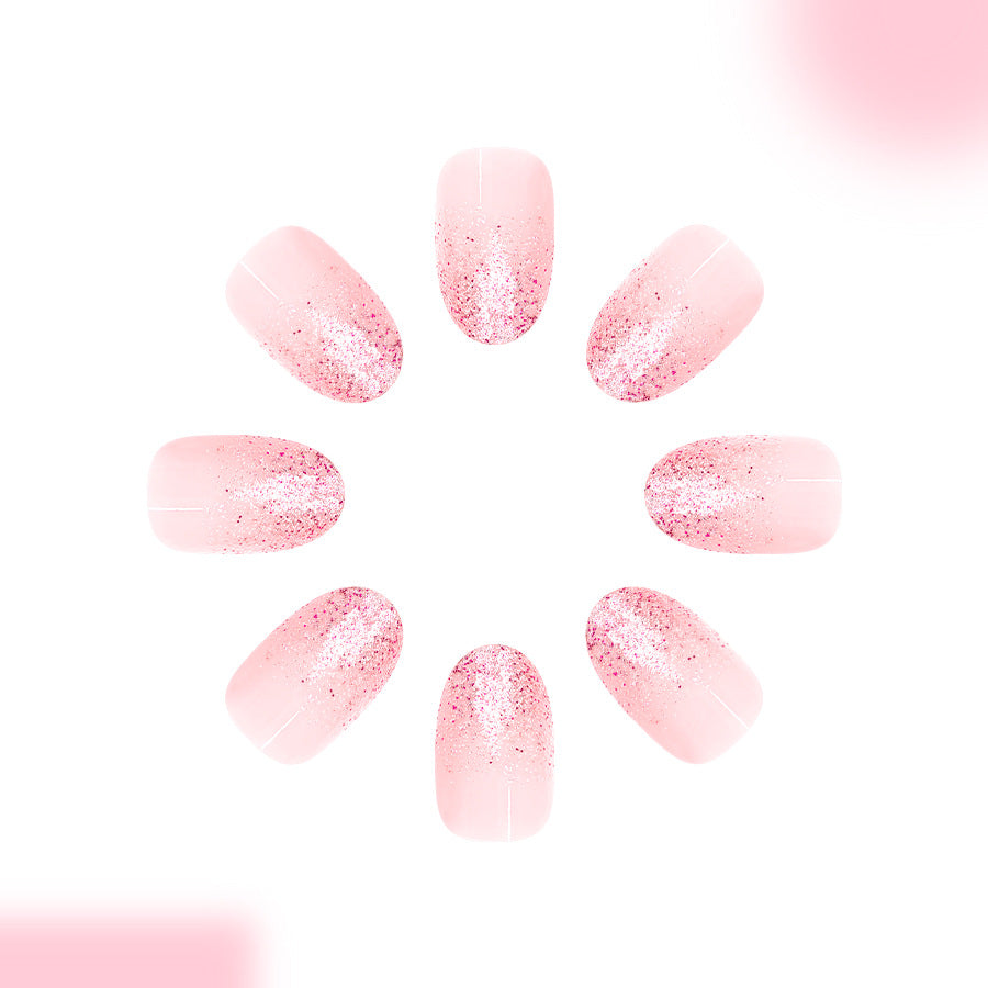 Enchanted Blossom Pink Short Oval Glittery Press On Nail Set