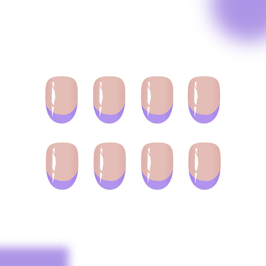 Whimsical Elegance Short Oval Beige with Purple French Tip Glossy Finish Press on Nail Set